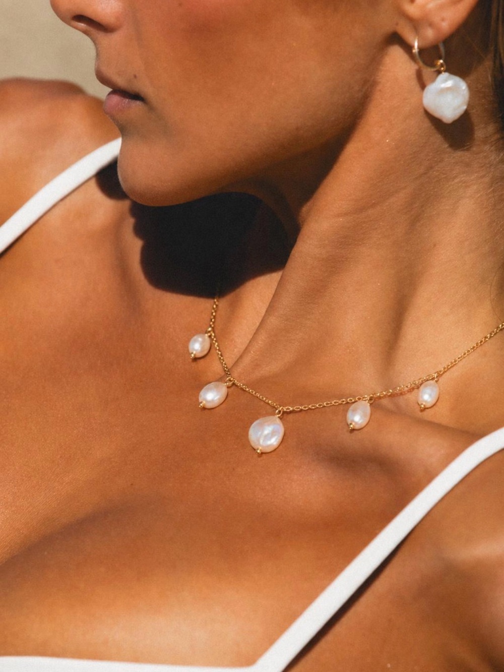 14K Gold Necklace with Freshwater Pearl Drops - Women Jewelry